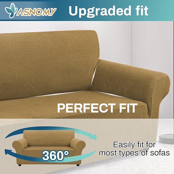Asnomy Sofa Covers for 2 Cushion Couch Stretch loveseat Covers Slipcovers, Pet Protector Furniture Covers for Dogs Cats Spandex Jacquard Fabric Small Checks （Medium，Light Brown）