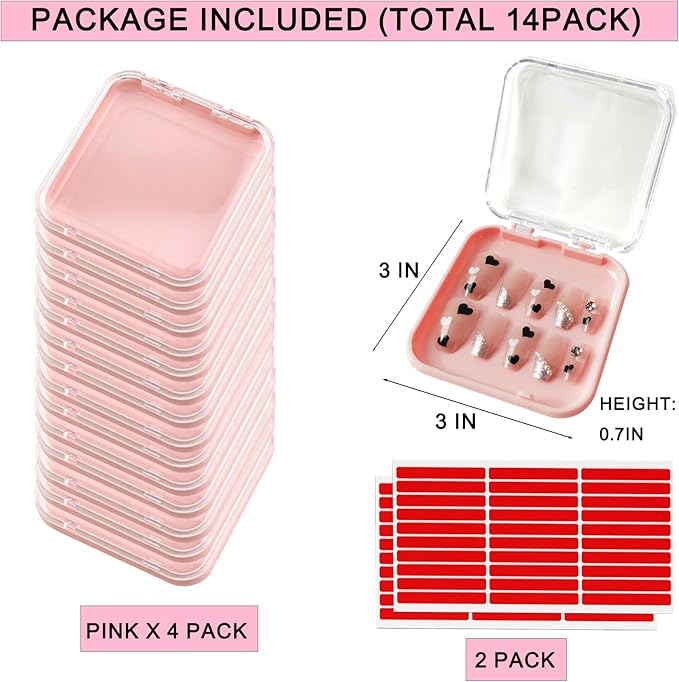 14 Pcs Press On Nail Packaging Box Press on Nail Storage Box for Press Ons with 60 Pcs Adhesive Double Sided Tape for Fake Nail Storage Case Nail Display Nail Salon Supplies Nail Art Business (Pink)
