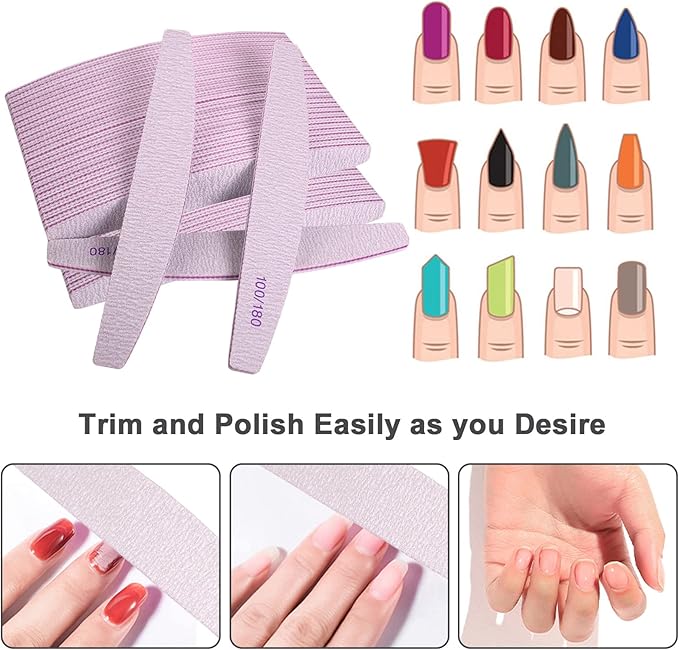 Nail Files (50 Pcs), 100/180 Grit Nail File Emery Board Bulk for Acrylic Nails and Natural Nails, Limas para Unas Acrilicas Profesional Pack Filers for Gel Nail Double Sided Manicure Curved Gray