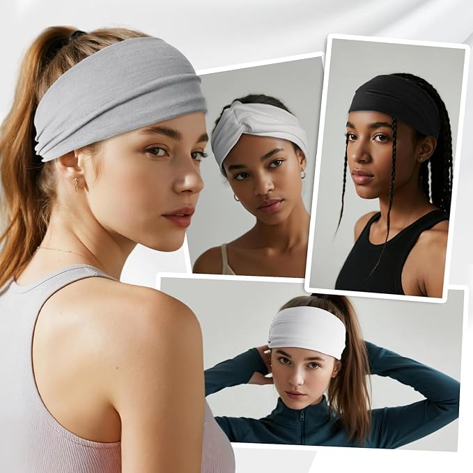 HSEM Headbands for Women, Non Silp Wide Hair Bands, Elastic Thick Head Bands, Stretchy Soft Sports Sweat Bands for Spa Workout Running Gym, Cotton Cloth Hair Accessories 6Pcs, Two Black/White/Gray