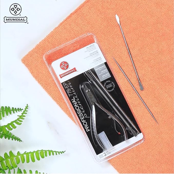 Mundial Nail Care 3 Piece Set - Professional Stainless Steel Cuticle Nippers with Double Nail Spatula and Pusher, Manicure, and Pedicure Trimmer Kit