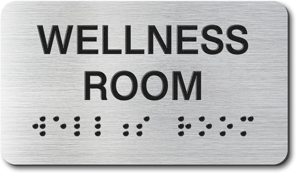 Wellness Room Signs with Raised Text & Grade 2 Braille, Brushed Aluminum/Silver Finish Easy Install with Double-Sided Tape, ADA Compliant Wellness Room Door Sign for Businesses & Offices
