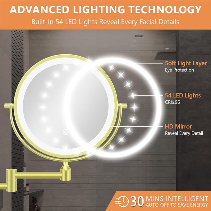 Auxmir 1X/30X Wall Mounted Makeup Mirror with Light, 8" Rechargeable Double-Sided Magnifying Mirror, Vanity Mirror Dimmable 3 Color Light, 360° Extension Rotation Foldable 14.5 Inch Arm, Gold
