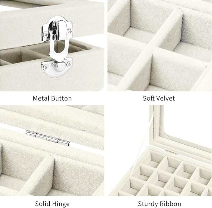 Velvet Jewelry Box 24 Grid Jewelry Earrings Display Organiser Box Ring Tray Holder Earrings Storage Case for Girls Women Wife Mom (Beige)