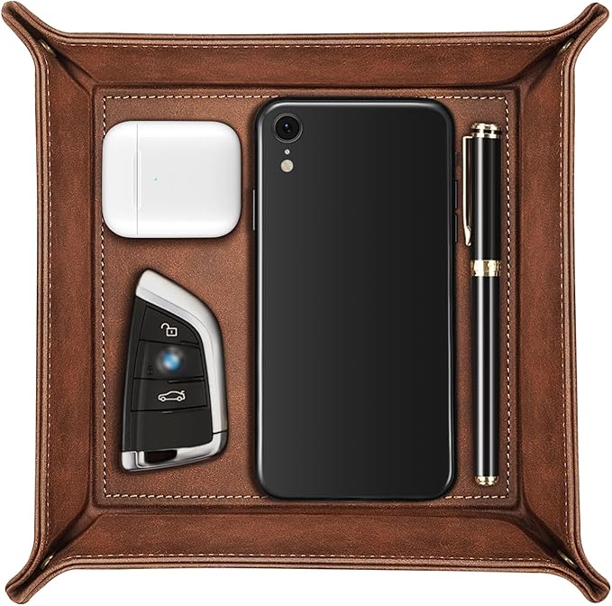 SITHON Valet Tray Desktop Storage Organizer Ã¢ÂÂ Premium PU Leather Catchall Bedside Vanity Tray Nightstand Caddy Holder for Keys, Phone, Wallet, Coin, Valentine's Day Gift, Brown