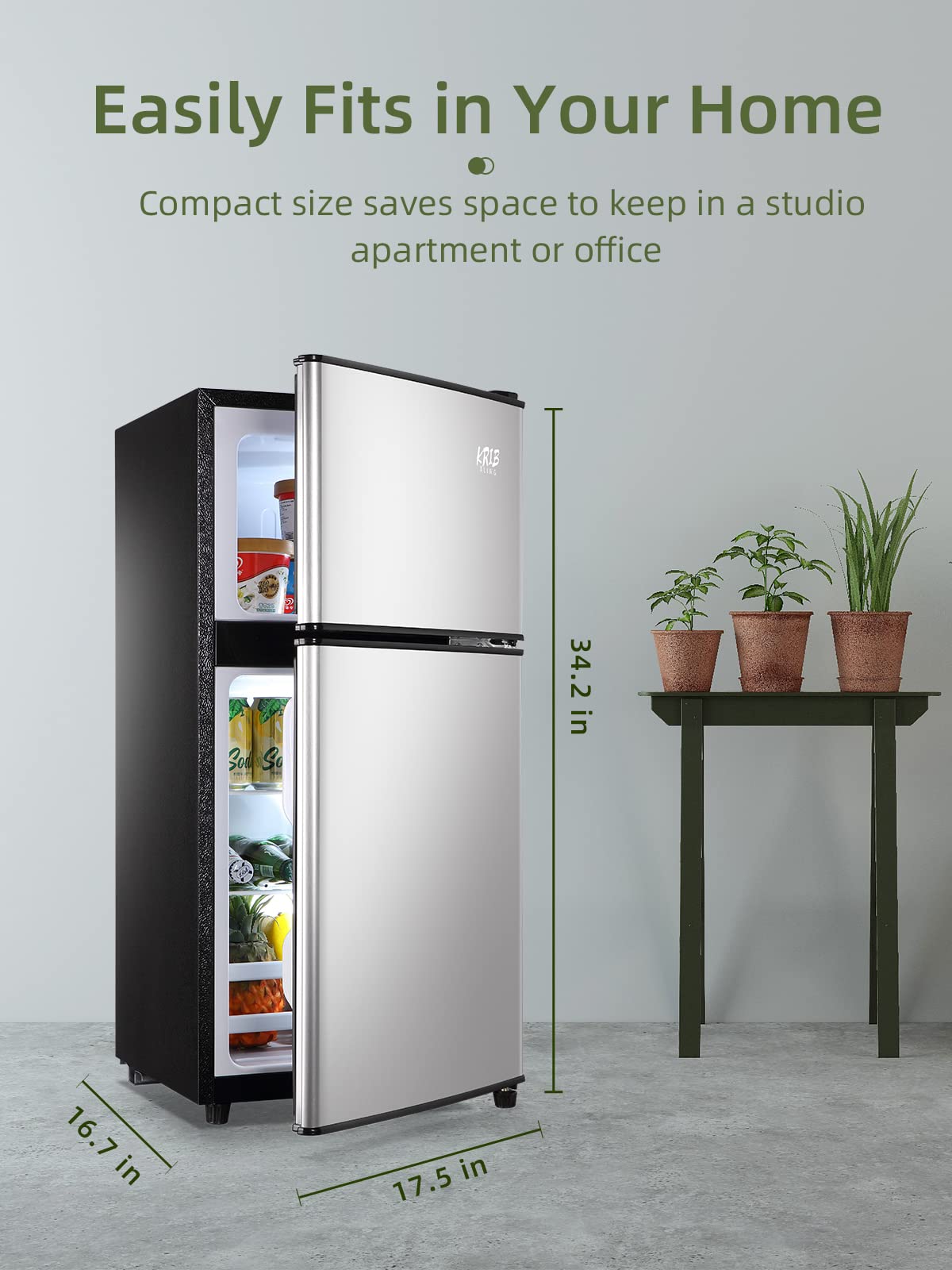 KRIB BLING 3.5 Cu.ft Refrigerators with Freezer, Fridge with 7 Level Temp Adjustable Thermostat, Fridge for Apartment, Office, Basement, Silver