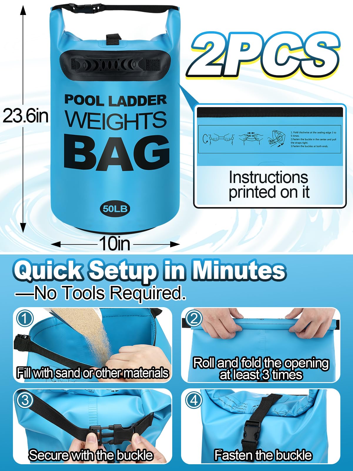 Cosweet 2 Pack Heavy Duty Pool Ladder Weights - 50lb Easy to Fill Anchor Bags, 500D PVC Waterproof Sand Bags with Handles & Secure Buckle Closure to Stabilize Above Ground Swimming Pool Steps