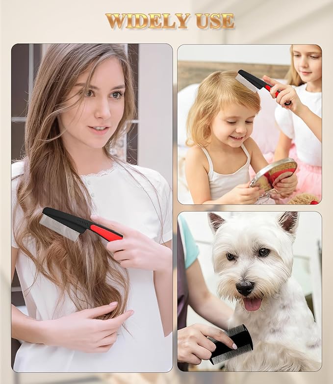 Dandruff Comb Fine Tooth Scalp Detox Comb Lice for Women, Men & Kids Stainless Steel Scalp Detoxing, Sweep & Massage Hair Brush Tool for Hair Care (3PC Black+Red)