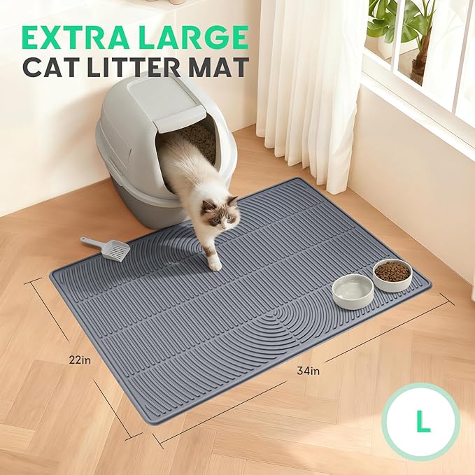 Cat Litter Mat,34" x 22" Large Silicone Pad for Floor Waterproof Litter Trapping Mat for Scatter Control Soft on Kitty Paws Non-Slip Easy to Clean