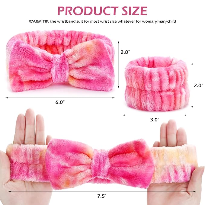 3PCS Spa Headband and Wristbands Set for Women, Soft Microfiber Face Wash Headband with Cute Bow, Elastic Absorbent Wrist Towels, Makeup Skincare Accessories for Facial, Shower, Yoga