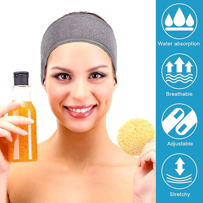 Whaline Spa Facial Headband Head Wrap Terry Cloth Headband 4 Counts Stretch Towel for Bath, Makeup and Sport (Gray)