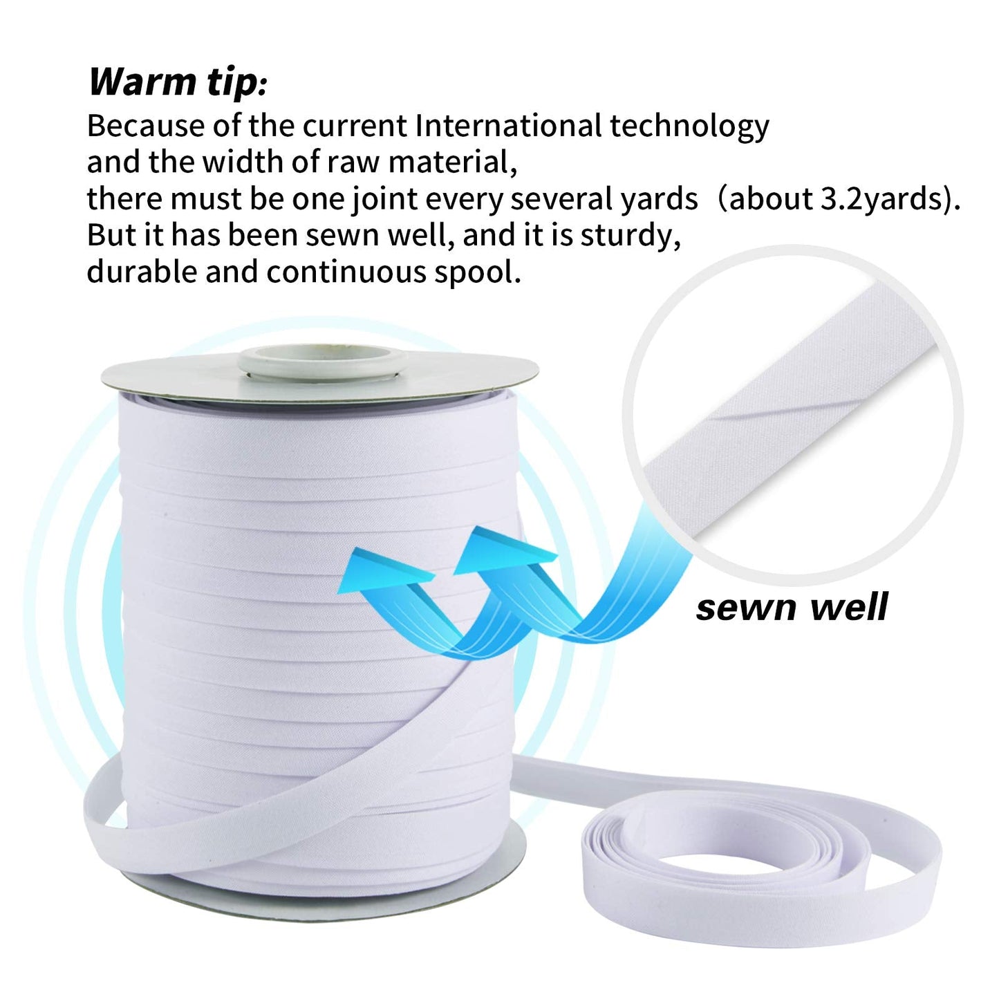 Tewadoo Bias Tape Double Fold 1/2 Inch - White 55 Yards Polyester Binding Tape for Sewing, Quilt Binding, Hemming, Seaming and Fabric Piping