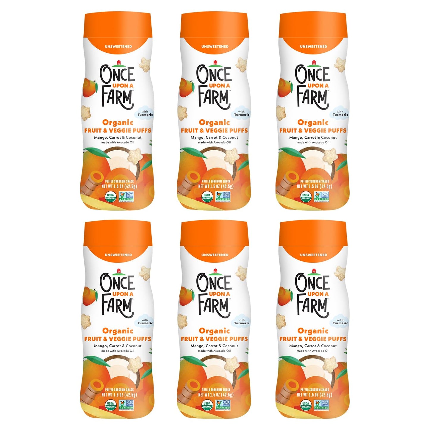 Once Upon A Farm Mango, Coconut & Carrot Puffed Sorghum Snack, Fruit & Veggie Puffs, Non GMO, 1.5 Ounces (Pack Of 6)