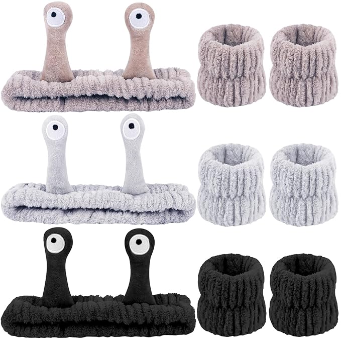 Snail Spa Headband and Wristband Set Skincare Makeup Headband for Washing Face Cute Animal Spa Head Band for Women Girls Black Khaki Grey