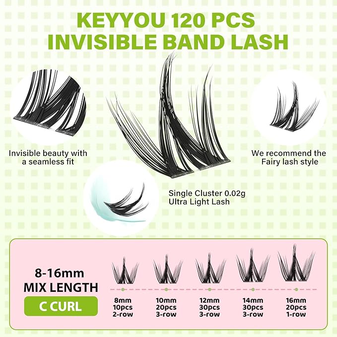 KEYYOU Fairy Chispa Lash Clusters Eyelash Extension D Curl 120Pcs Eyelash Extension Wispy Natural Invisible Band Lash with Waterproof DIY Lash at Home(Fairy Chispa-D-8-18MIX)