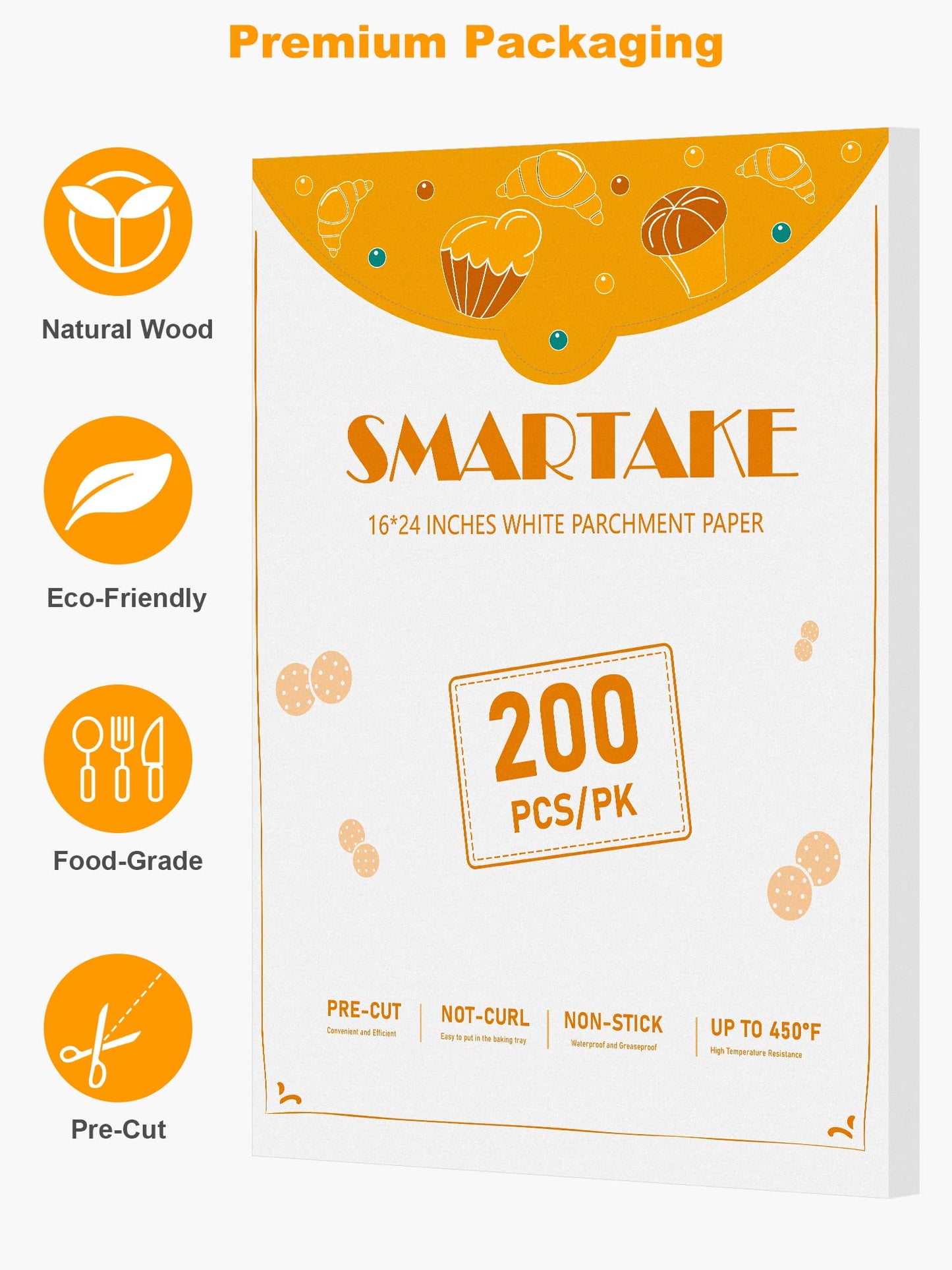 SMARTAKE 200 Pcs Parchment Paper Baking Sheets, 16x24 Inches Non-Stick Precut Baking Parchment, Suitable for Baking Grilling Air Fryer Steaming Bread Cup Cake Cookie and More (White)