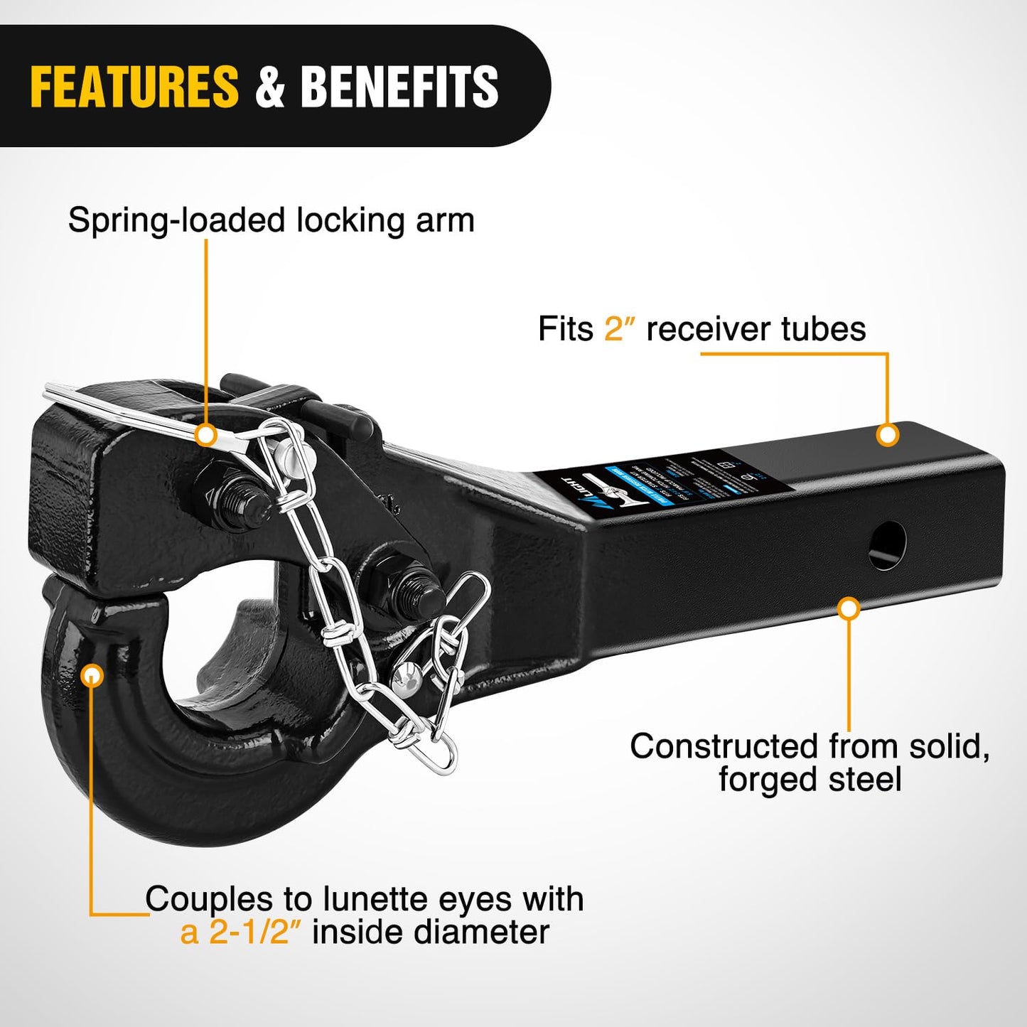 Nilight 10-TON Pintle Hitch for 2-Inch Receiver Hook Military Receiver 20000LBS,Fits 2-1/2 in Lunette Ring, Gloss Black Powder Coat