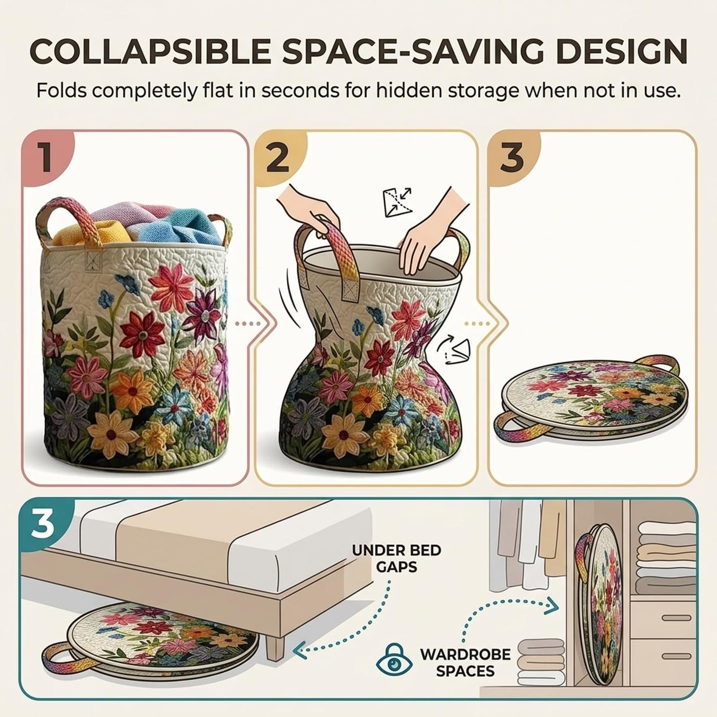 Quilted Laundry Baskets, Large Floral Boho Fabric Storage Hamper with Handles, Collapsible Soft Clothes Organizer Tote for Nursery House Styling, Portable Bedroom Washing Container