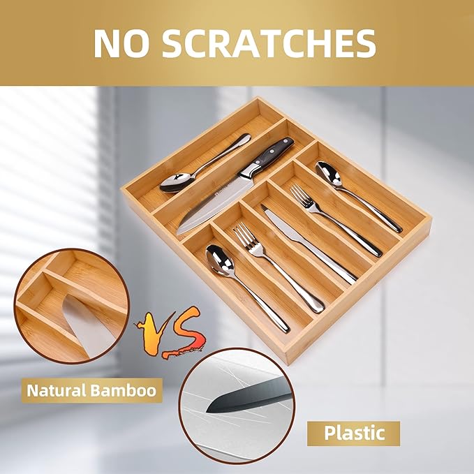 Besilord Silverware Organizer Kitchen Drawer Organizer Utensil Organizer Bamboo Silverware Holder Cutlery Organizer in Drawer Flatware Organizer Tray(7 slots, Natural
