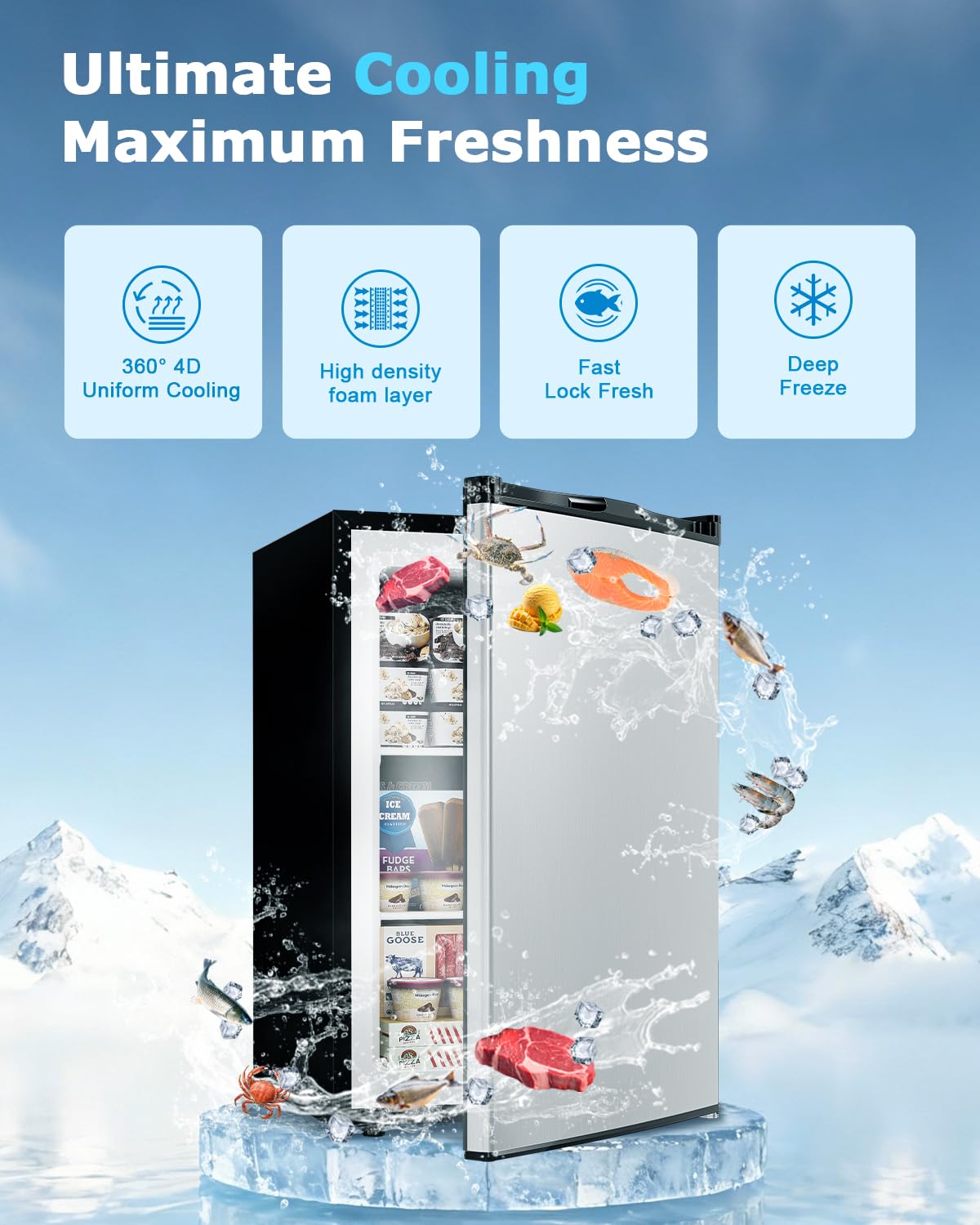 Feelfunn 1.1 Cu.ft Mini Freezer - Compact Upright Freezer with 7 Adjustable Thermostat, Removable Shelf, Reversible Single Door, 360°Uniform Cooling Small freezer for Home Office Apartment Dorm, Black