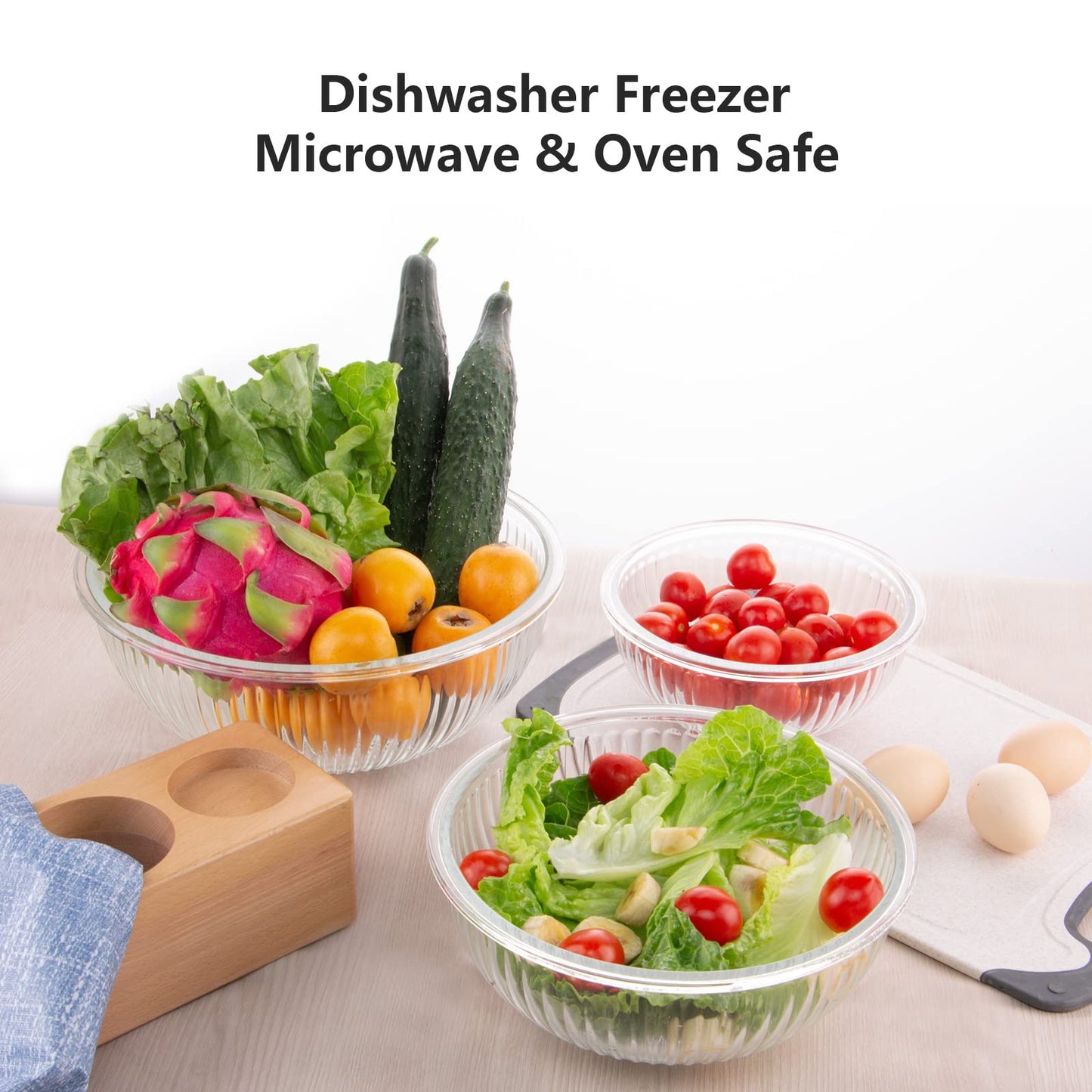 WhiteRhino Glass Mixing Bowls with Lids Set of 3(3.7QT, 2.1QT, 1.1QT),Large Kitchen Salad Bowls, Space-Saving Nesting Bowls, Clear Glass Serving Bowls for Cooking,Baking,Prepping,Dishwasher Safe