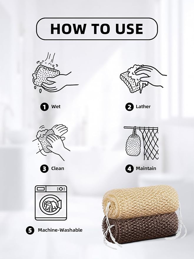 Cleangor 2Pcs African Net Sponge Authentic with Knots - Exfoliating Body Scrubber for All Skin Types, African Bath Sponge, Wash Cloth, Gentle Exfoliation Shower Rag for Women Daily Use (Linen & Brown)