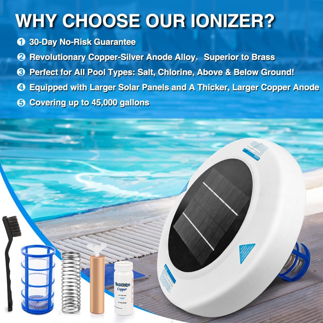 Solar Pool Ionizer - Floating Pool Cleaner for Swimming Pools Up to 45,000 Gallons, Large Solar Panel & Durable Copper Anode, Clear Water with Minimal Effort