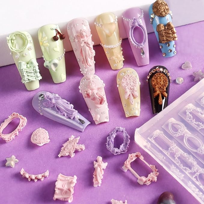 Laza 4pcs Silicone Nail Art Molds, 3D Virgin Mary, Mirror Frame, Heart, Bowknot Exquisite Silicone Y2K Nail Accessories with Carving Pen Resin Nail Art Mold Manicure Tools for DIY Salon Nail Design