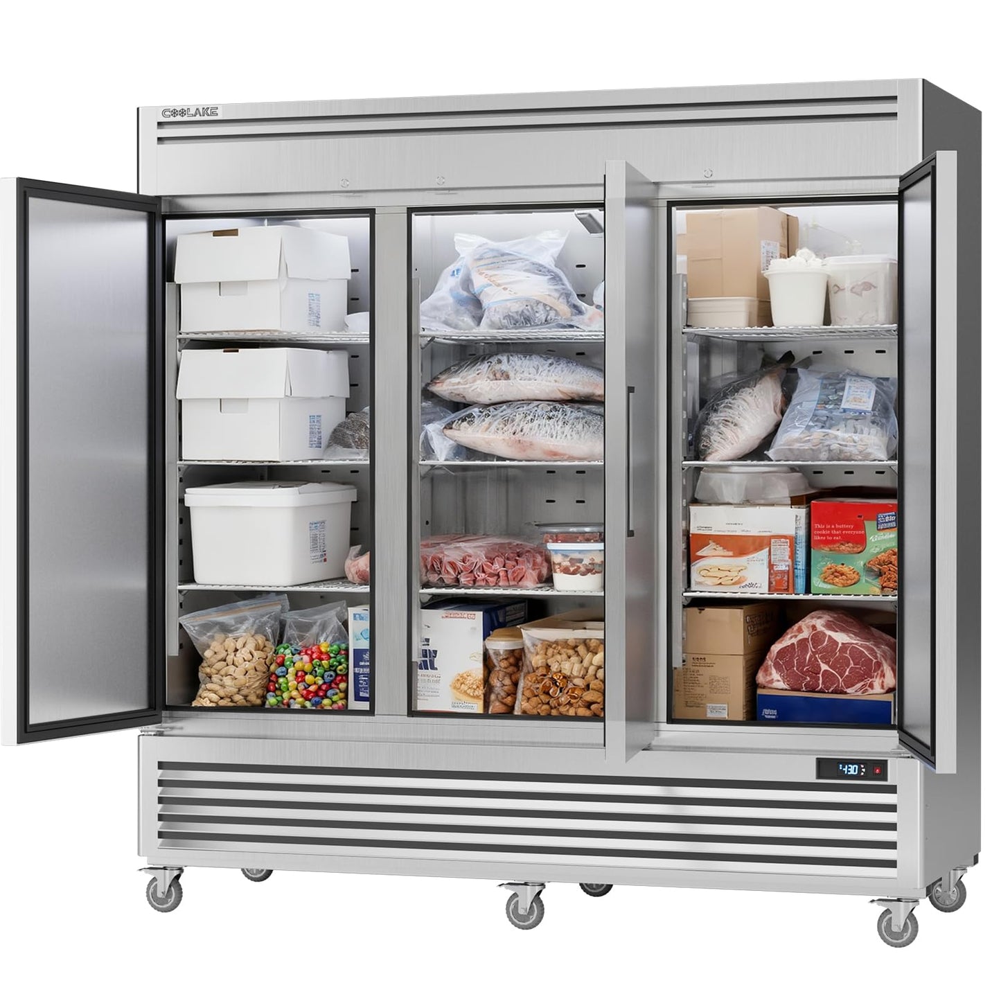 Coolake 82" Commercial Reach-in Freezer 3 Solid Doors, 72 Cu.ft Stainless Steel Fan Cooling Upright Freezer 12 Adjustable Shelves, Commercial Freezer for Restaurant Kitchen Grocery Store Prep Area