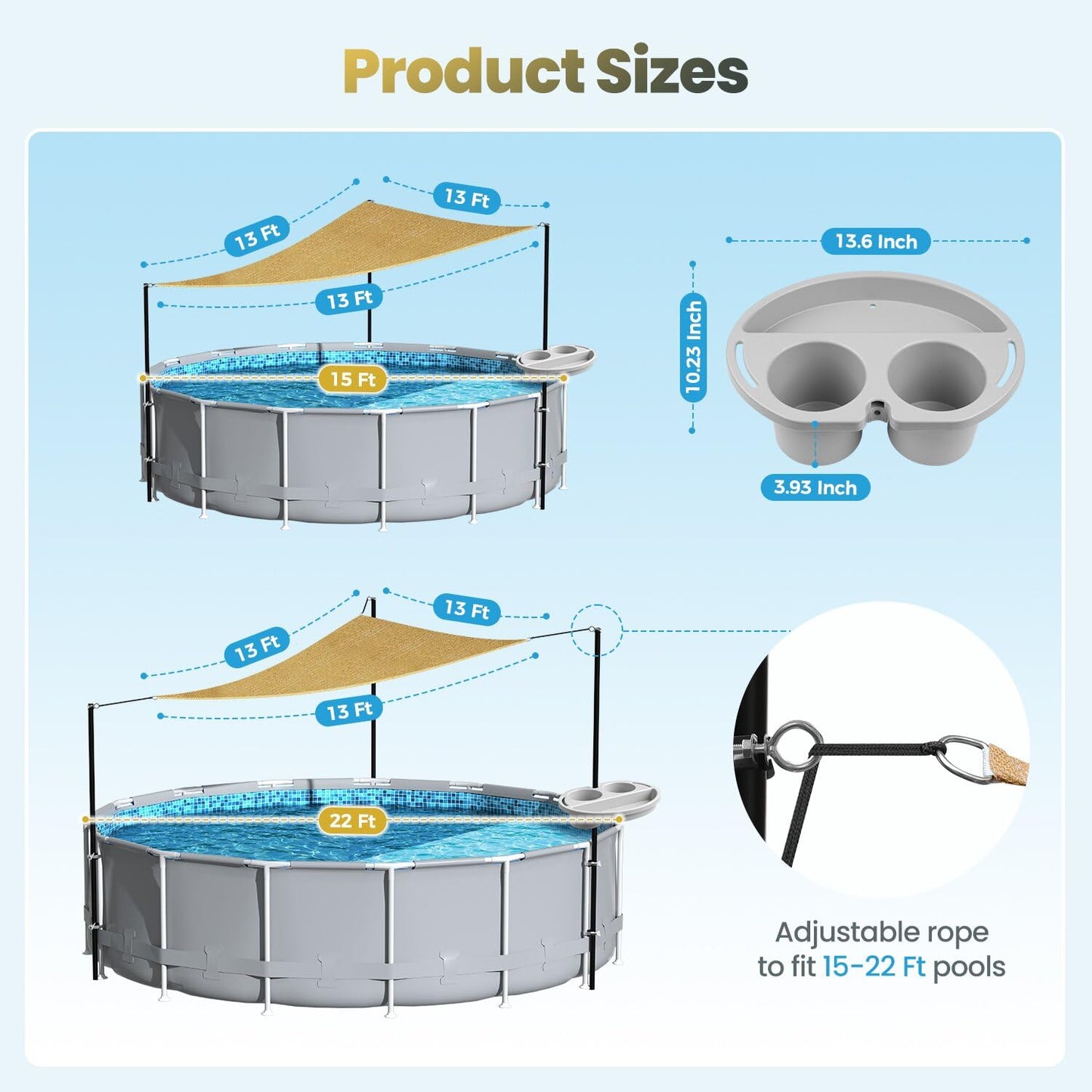 Calanofin Above Ground Pool Shade Set with Storage Tray – UV-Resistant Shade Sail for 15-22 Ft Pools, Outdoor Triangular Canopy with Sun Shade Poles for Deck, Backyard & Pool Essentials (13x13x13 Ft)