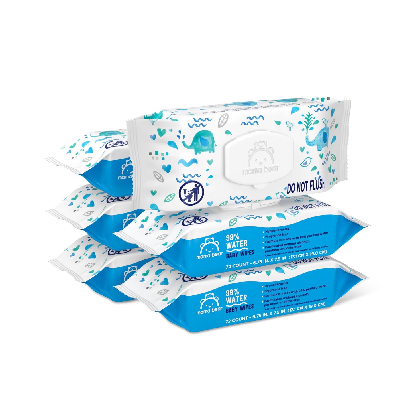 Amazon Brand - Mama Bear 99% Water Baby Wipes, Hypoallergenic, Fragrance Free,72 Count (Pack of 6)