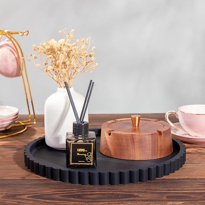HighHerz Silicone Bathroom Countertop and Vanity Tray-10 Inch Round Silicone Bathroom Tray, Modern Bathroom Decor, Coffee Table Decor, Decorative Tray for Candle, Perfume, Plants (Black)