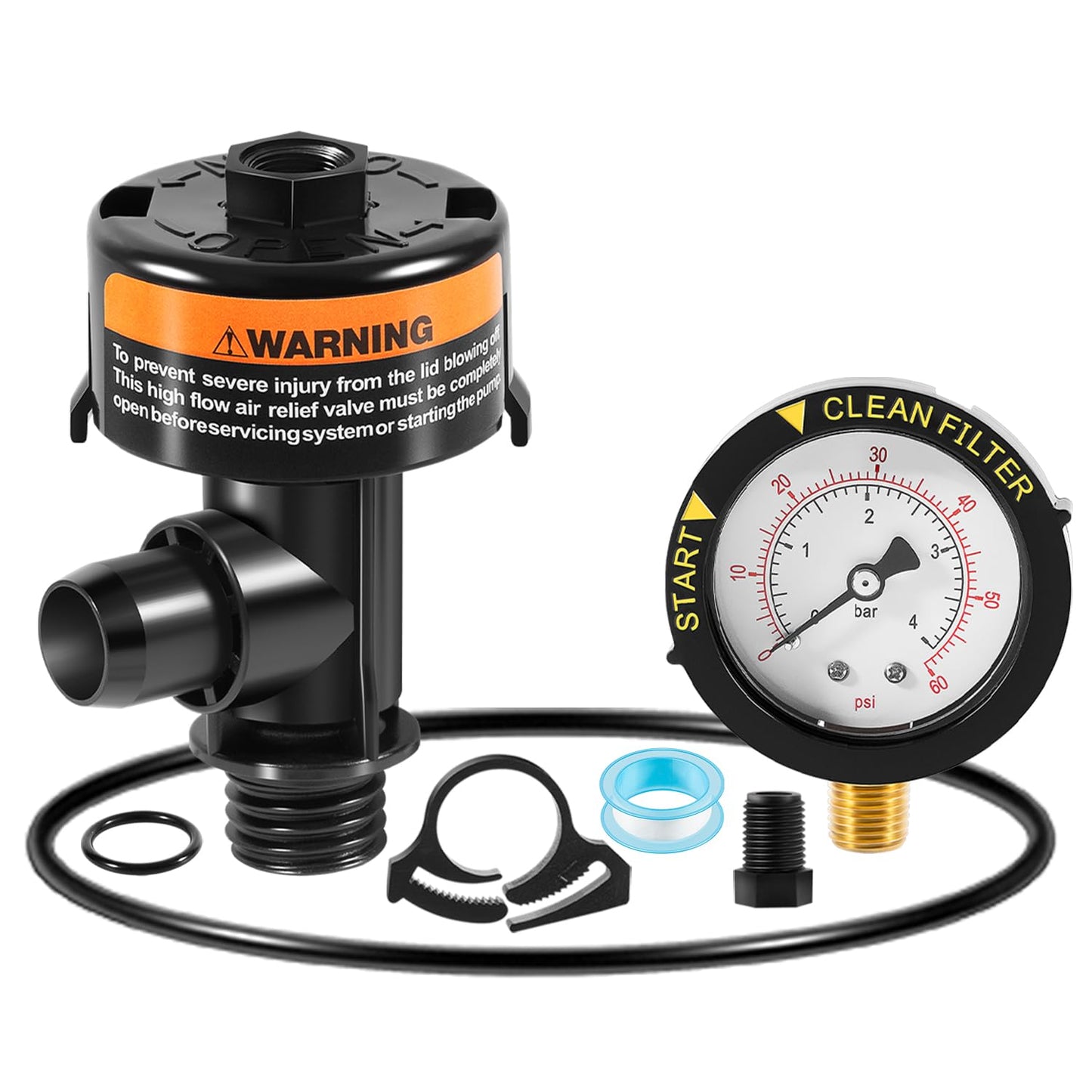 98209800 High Flow Manual Relief Valve/Air Relief Manual Valve Assembly with Pressure Gauge, Replacement for Pool and Spa Filter (98209800+87300400)