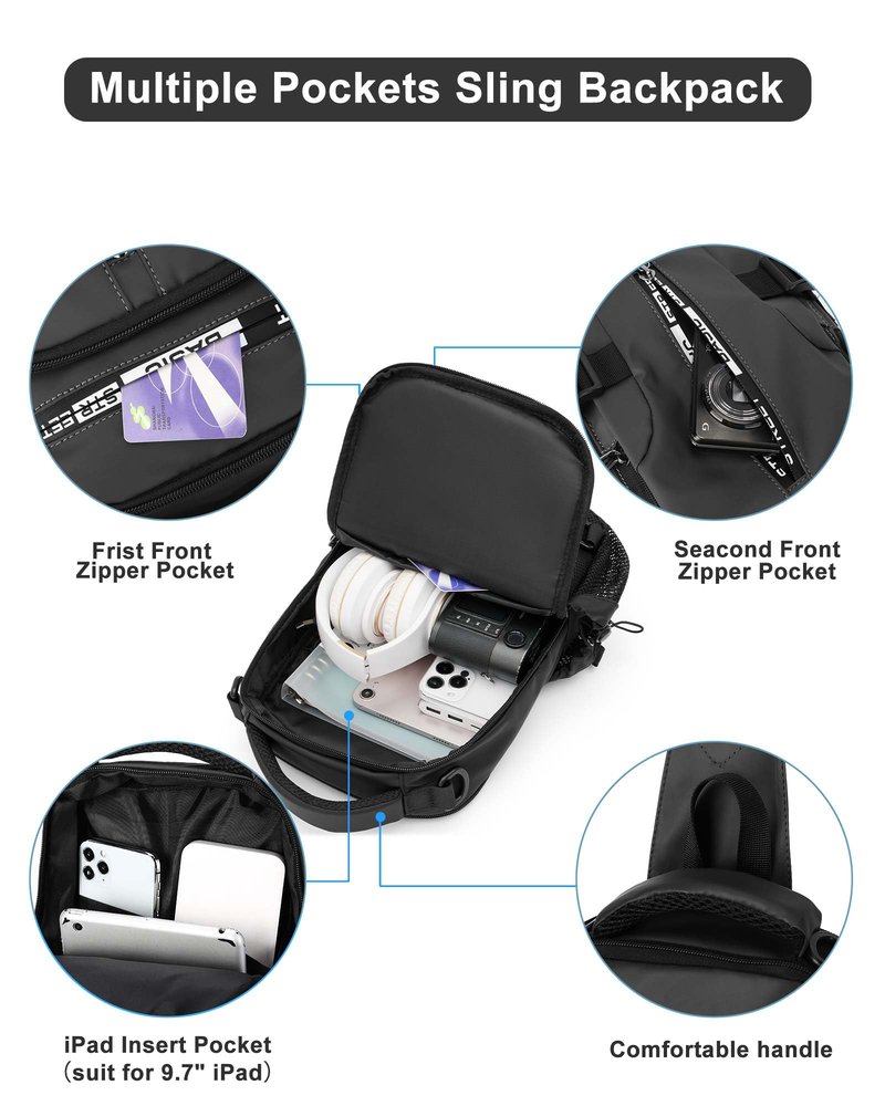Large Black Sling Bag for Men, Shoulder Messenger Bag for Mens, Anti Theft One Strap Motorcycle Backpack Sling Chest Bag for Casual Hiking Walking Biking Travel Cycling Outdoor Sports