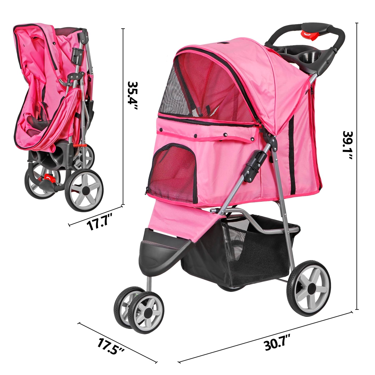 ZENY Foldable Pet Stroller, Cat/Dog Stroller with 3 Wheel, Pet Strolling Cart, Dog Travel Carrier with Storage Basket + Cup Holder (Pink)