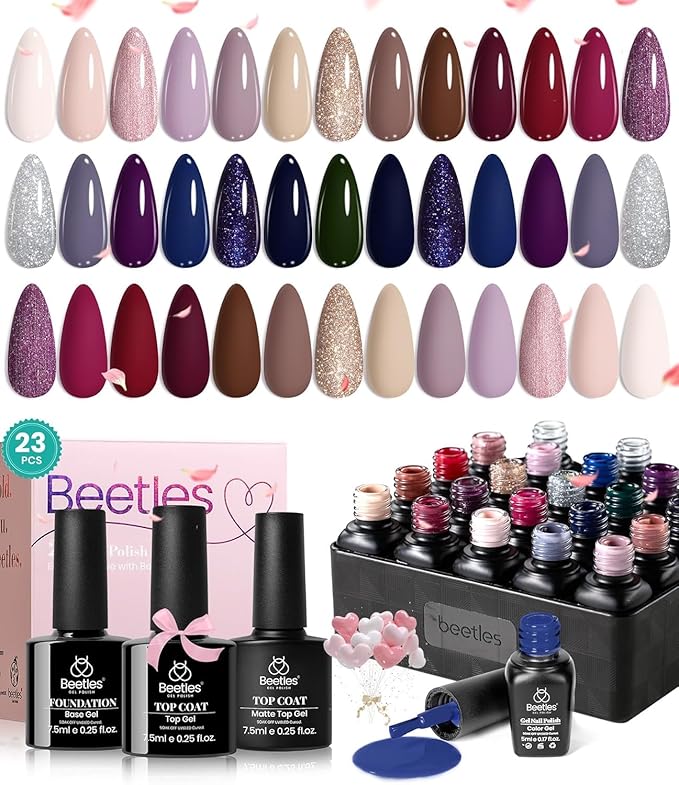 beetles Gel Polish Set 20 Colors Neutral Shimmer Red Nude Brown Gel Nail Polish Kit with Base Coat Matte Glossy Top Coat Soak off Uv Lamp Manicure Set Gift for Women Sophisticated Charm