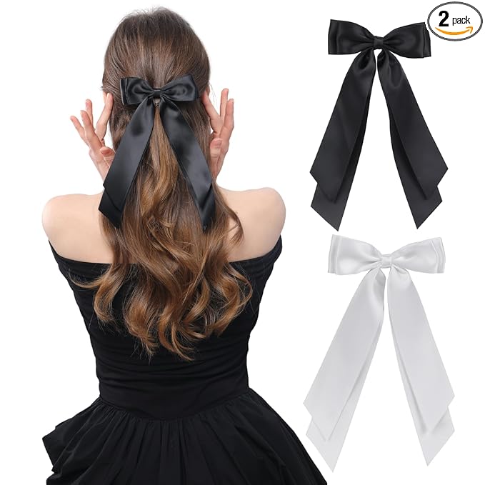LuSeren 2 PCS Double Layer Hair Bows Black White Hair Ribbon Clips Ponytail Holder Accessories for Women Girls Toddlers Teens Kids