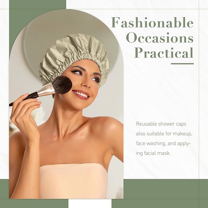 Reusable Shower Cap for Women, Large Waterproof Shower Bonnet with Elastic Band, Washable Bath Hair Cap for Long, Curly Hair, Braids, Daily Shower, Home Spa, Travel(Gray Yellow)