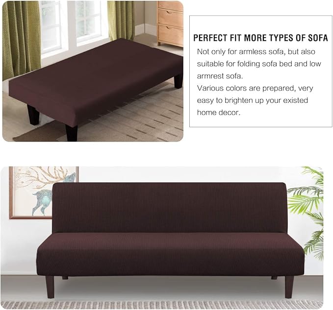 H.VERSAILTEX Armless Futon Cover Stretch Sofa Bed Slipcover Protector Elastic Feature Rich Textured High Spandex Small Checks Jacquard Fabric Futon Cover, Machine Washable, Chocolate