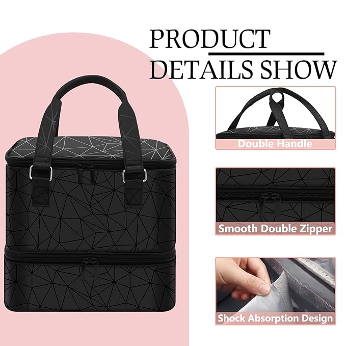 Nail Polish Organizer Case - Holds 42+ Bottles (15ml/0.5 fl.oz) and 1 Nail Lamp, Upgraded Double-layer Nail Polish Carrying Case Nail Storage Bag with Handles (Black)