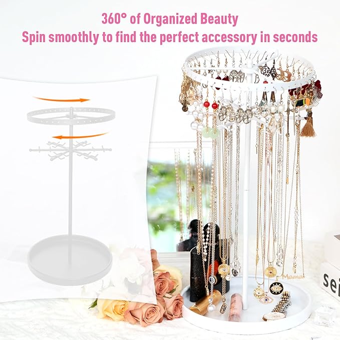 360 Rotating 2-Tier Jewelry Organizer Stand, Large Earring Holder Organizer with 48 Holes for Studs，24 Prongs for Necklaces, Wide Base for Bracelets, Watches, Lipstick, Jewelry Display Stand for Women