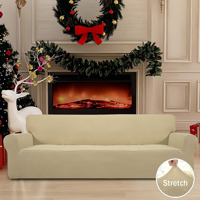 Easy-Going Stretch 4 Seater Sofa Slipcover 1-Piece Sofa Cover Furniture Protector Couch Soft with Elastic Bottom for Kids, Polyester Spandex Jacquard Fabric Small Checks Beige