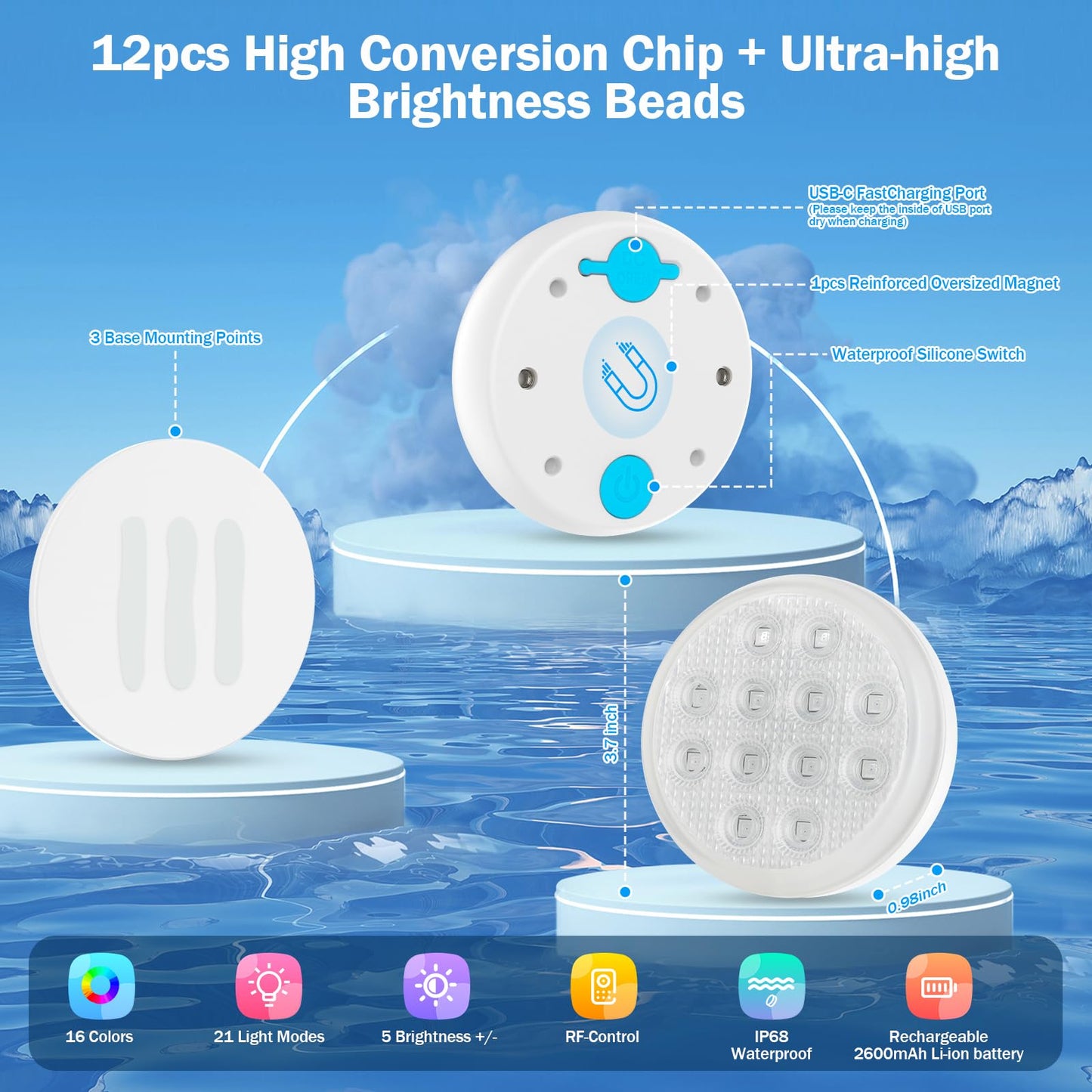 Pool Lights(4 PACK), Ultra-High Brightness Rechargeable Submersible Pool Lights with Remote, IP68 Waterproof 22 Colors Changing Light 2600mAh Magnet LED Underwater Light for Pools, Hot Tub, Ponds
