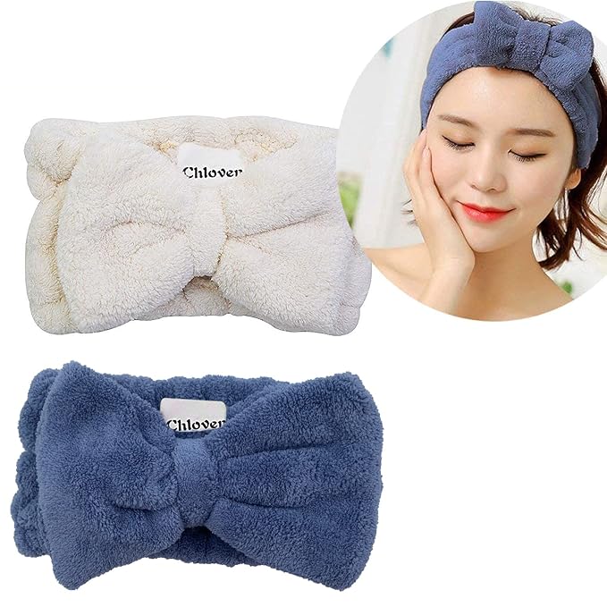 Chloven 2 Pack Microfiber Bowtie Headbands Facial Makeup Headband Cosmetic Bowknot Hairlace Wash Spa Yoga Sports Shower Adjustable Elastic Hair Band for Girls and Women