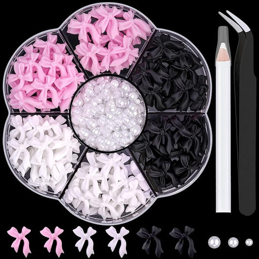 1 Box 3D Bow Nail Charms and Flatback Pearls Set 11, 120 Pcs Pink White Black Cute Bow Charms for Nail Design + 2-4mm White Nail Pearls with Pickup Tweezer and Pencil for Nail Art Decoration