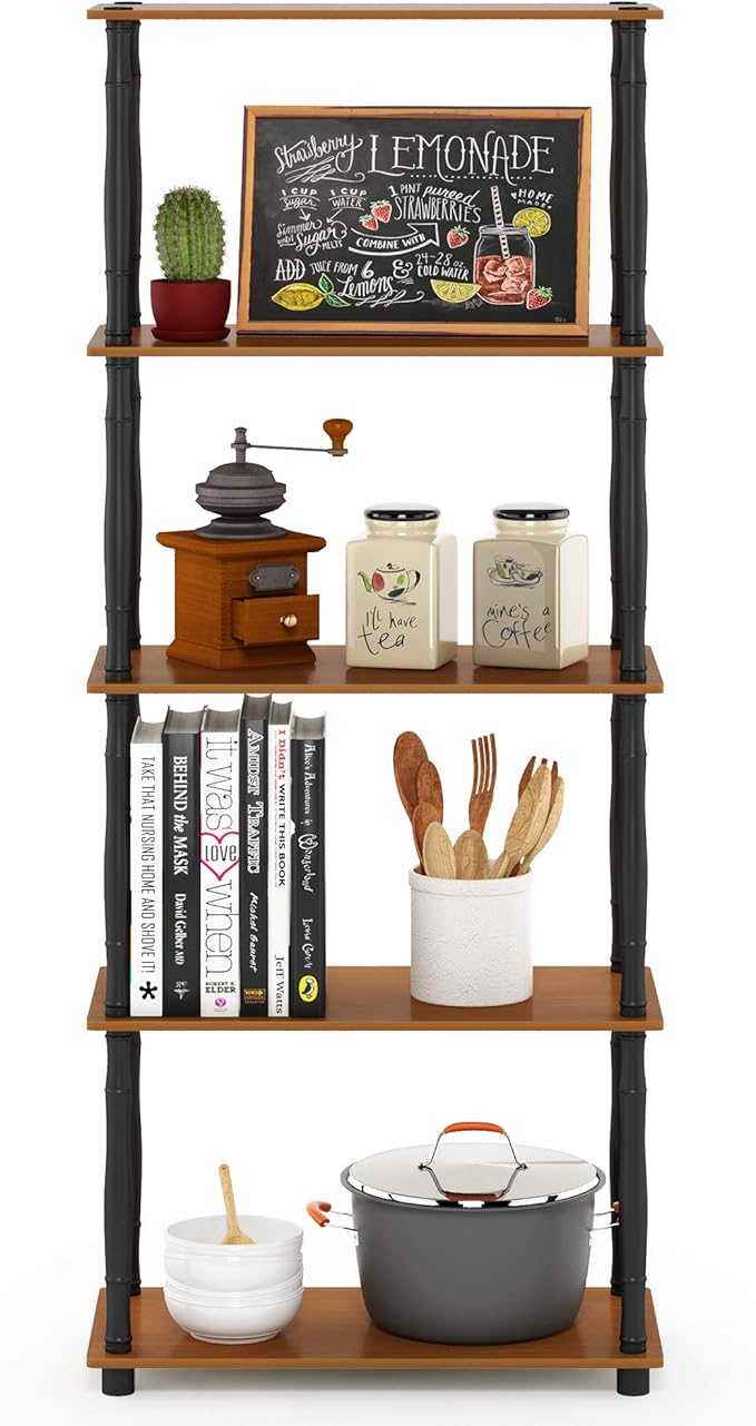 Furinno TURN-S-TUBE Storage Shelves, 5-Tier Book Shelf, Corner Shelf, Toolless Open Shelves, Classic Tubes, for Organization and Storage, Living Room, Garage, Home Office, Light Cherry