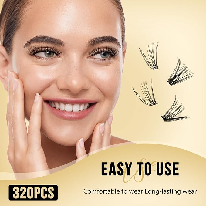 QUEWEL Lash Clusters 320Pcs Cluster Lashes 20D+30D D Curl Lash Cluster Eyelash Extensions Mix12-18mm Individual Eyelashes Clusters Wispy Lash Clusters Thin Band Soft to Use at Home(20D+30D D Mix12-18)