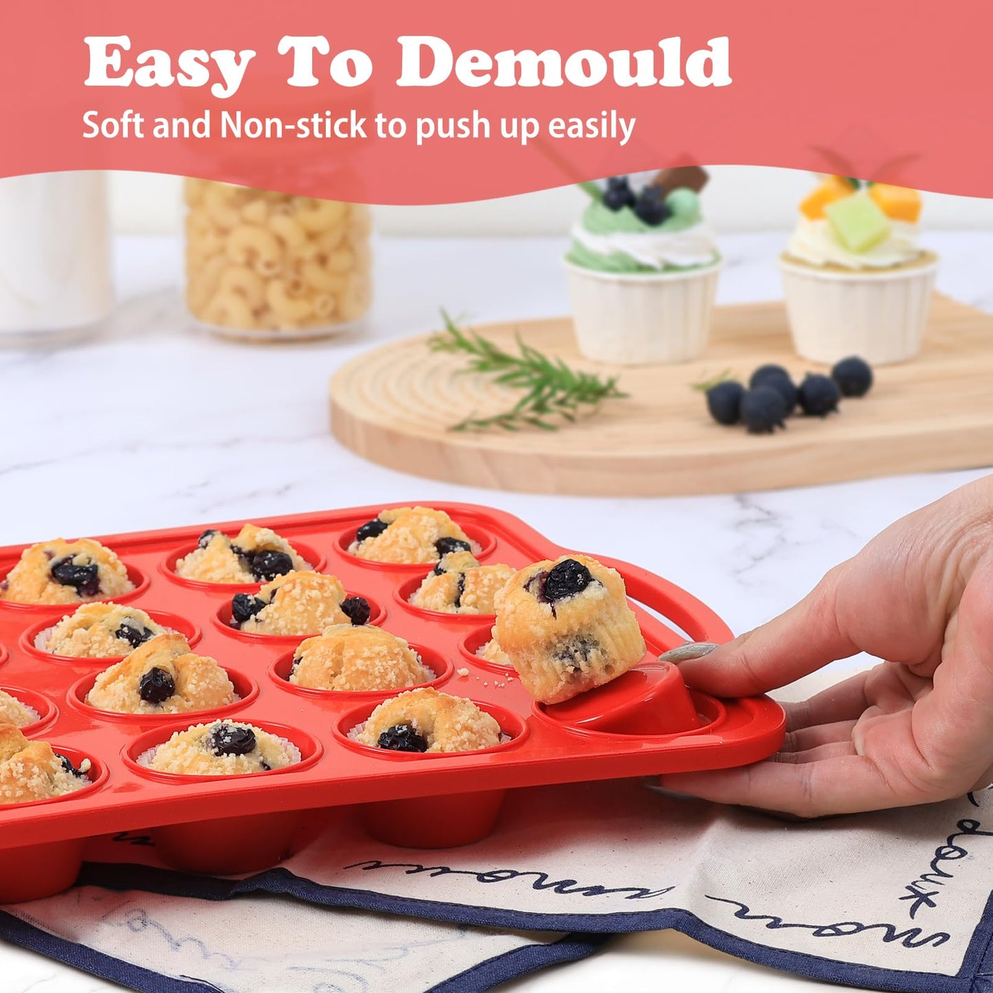 2 Pack Mini Silicone Muffin Pan with Metal Frame, Non-stick Regular Silicone Cupcake Pan with Handles 24 Cup, Silicon Muffin Tin Tray for baking, egg bites, Cupcake Mold, BPA Free Red