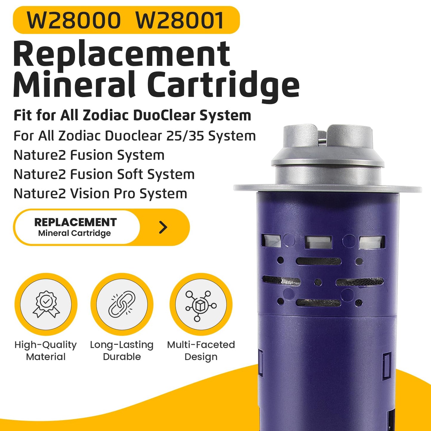 Replacement for Nature2 Duoclear 25 35 Mineral Cartridge W28000 W28001 for All Zodiac Duoclear Fusion, Fusion Vision, Vision Pro Above Ground Inground Pool Vessels, for up to 35,000 Gallons Pool