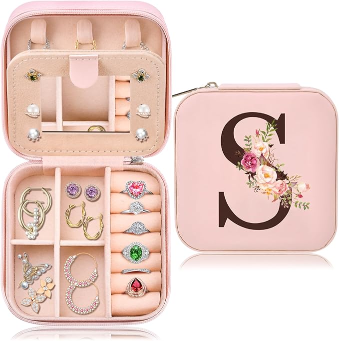 Mothers Day Mom Gifts for Wife Daughter Grandma, Travel Jewelry Case Box Organizer, Personalized Gifts for Women Teen Girls Mom Aunt Sister, Bridesmaid Gifts Traveling Essentials, Initial S